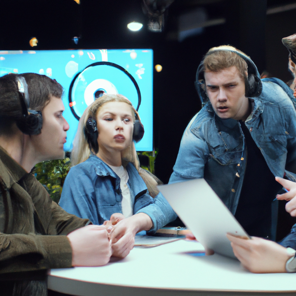 Team collaboration: customer support specialists discussing in a modern office, closeup with laptops and notes